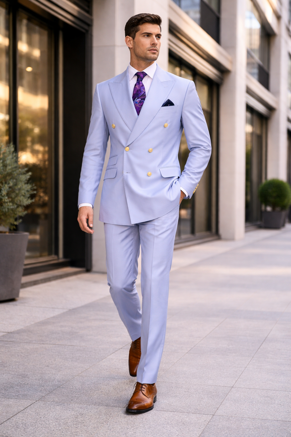 Mens Light Blue Double-Breasted Suit with Gold Buttons  Slim Fit 2-Piece Formal Set in Sky Blue Color