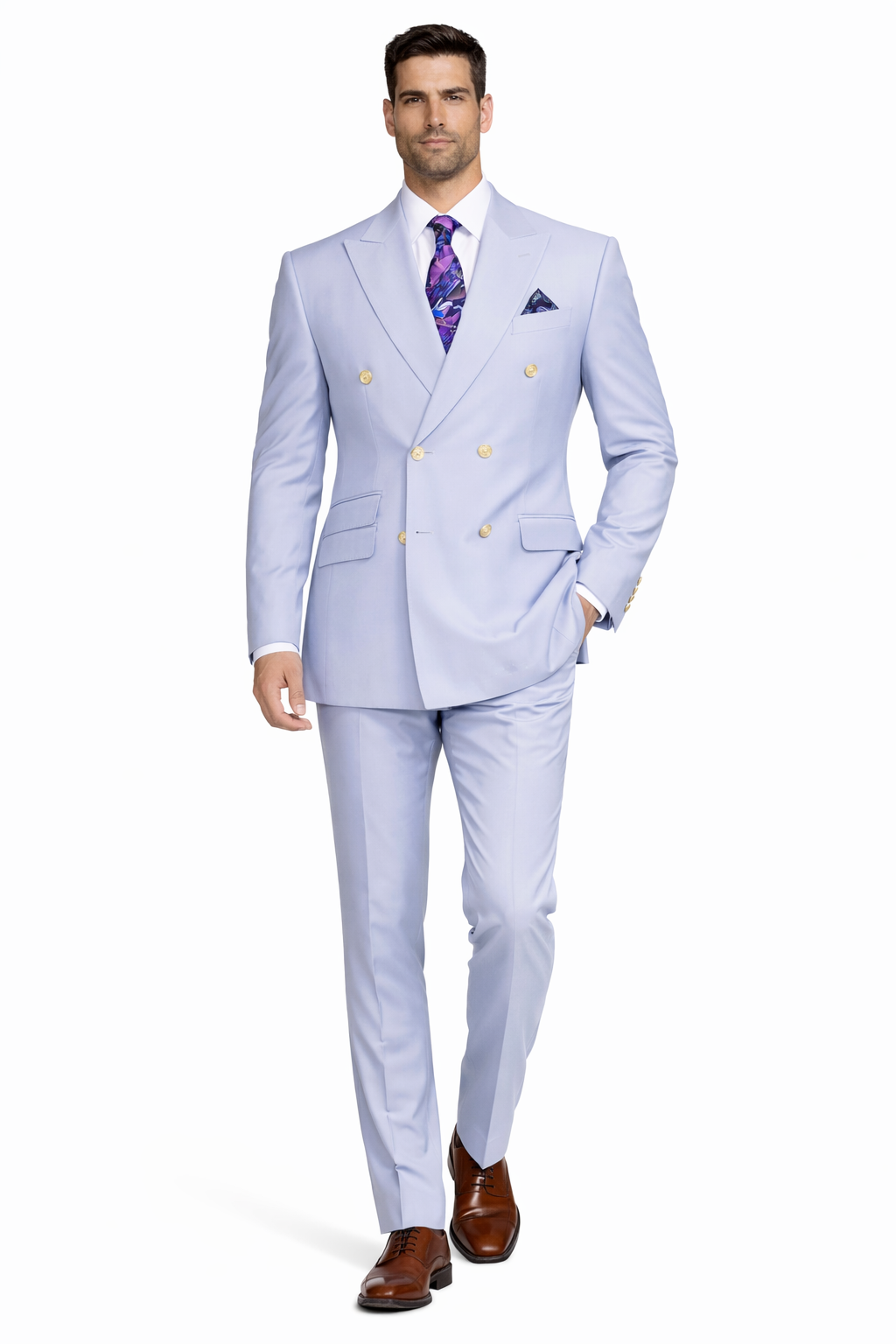 Mens Light Blue Double-Breasted Suit with Gold Buttons  Slim Fit 2-Piece Formal Set in Sky Blue Color
