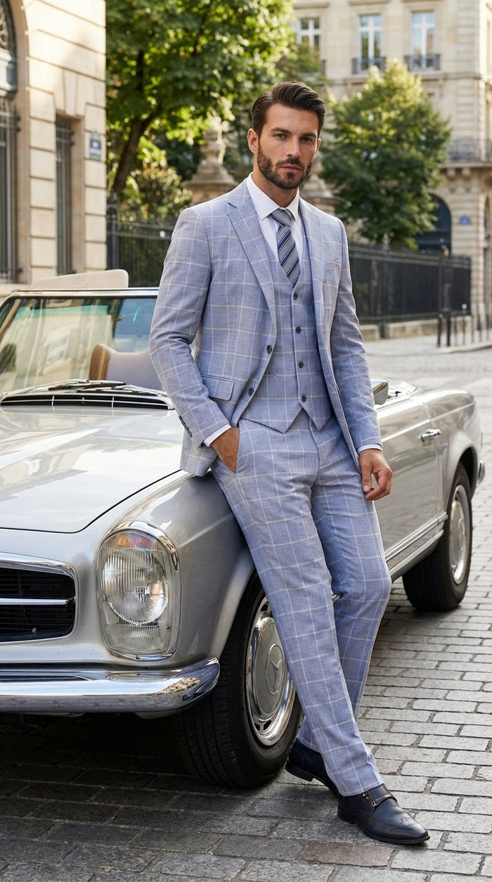 Mens Light Blue Plaid Three Piece Suit – Windowpane Check Wedding and Business Formal Suit Set