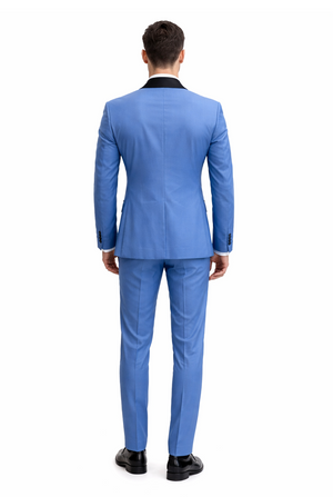 Men's Light Blue Tuxedo 3-Piece Suit with Black Shawl Lapel  Formal Wedding & Prom Attire in Steel Blue