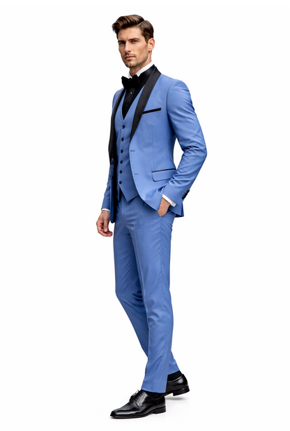 Men's Light Blue Tuxedo 3-Piece Suit with Black Shawl Lapel  Formal Wedding & Prom Attire in Steel Blue