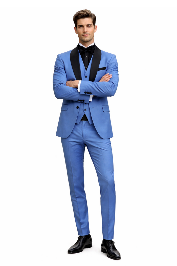 Men's Light Blue Tuxedo 3-Piece Suit with Black Shawl Lapel  Formal Wedding & Prom Attire in Steel Blue