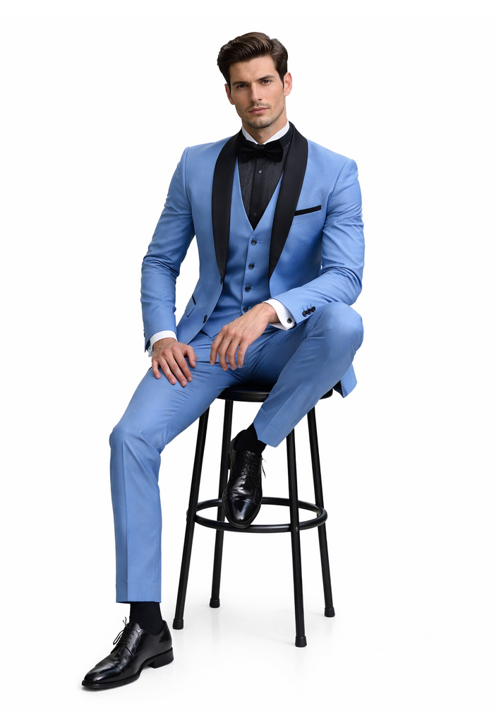 Men's Light Blue Tuxedo 3-Piece Suit with Black Shawl Lapel  Formal Wedding & Prom Attire in Steel Blue