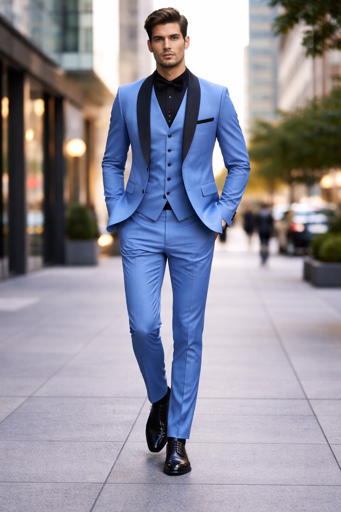 Men's Light Blue Tuxedo 3-Piece Suit with Black Shawl Lapel  Formal Wedding & Prom Attire in Steel Blue