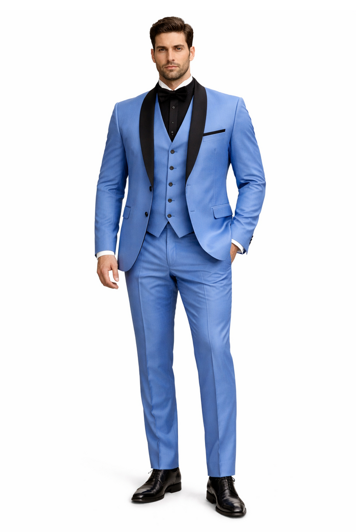 Men's Light Blue Tuxedo 3-Piece Suit with Black Shawl Lapel  Formal Wedding & Prom Attire in Steel Blue