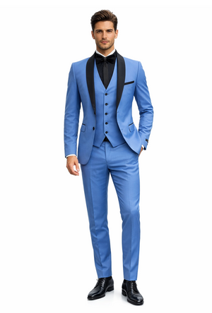 Men's Light Blue Tuxedo 3-Piece Suit with Black Shawl Lapel  Formal Wedding & Prom Attire in Steel Blue