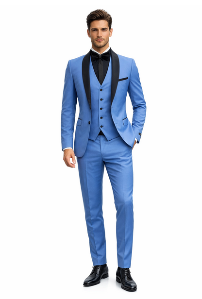 Men's Light Blue Tuxedo 3-Piece Suit with Black Shawl Lapel  Formal Wedding & Prom Attire in Steel Blue