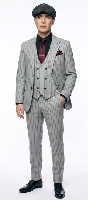 Mens Light Gray and Black Pinstripe 3 Piece Suit – Peaky Blinders Inspired Vintage Gangster 1920s Suit