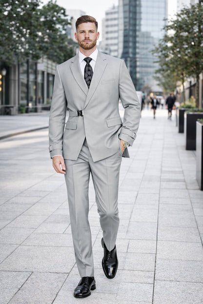 Men’s Light Grey Double Breasted Modern Designer Tailored Fit Wool Suit with Metal Buckle Closure
