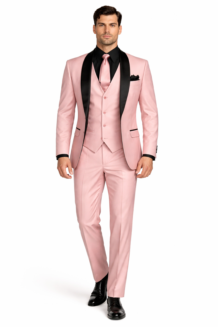 Men's Light Pink 3-Piece Tuxedo Suit with Black Satin Shawl Lapel - Formal Wear - Ultra Slim Fitted in Blush color
