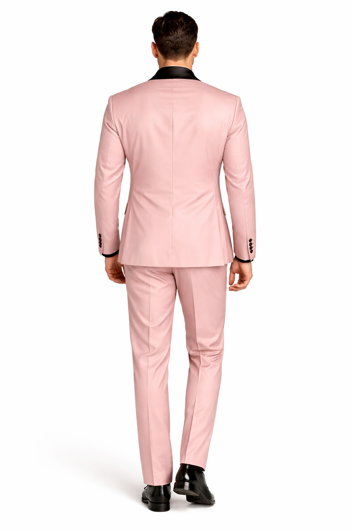 Men's Light Pink 3-Piece Tuxedo Suit with Black Satin Shawl Lapel - Formal Wear - Ultra Slim Fitted in Blush color