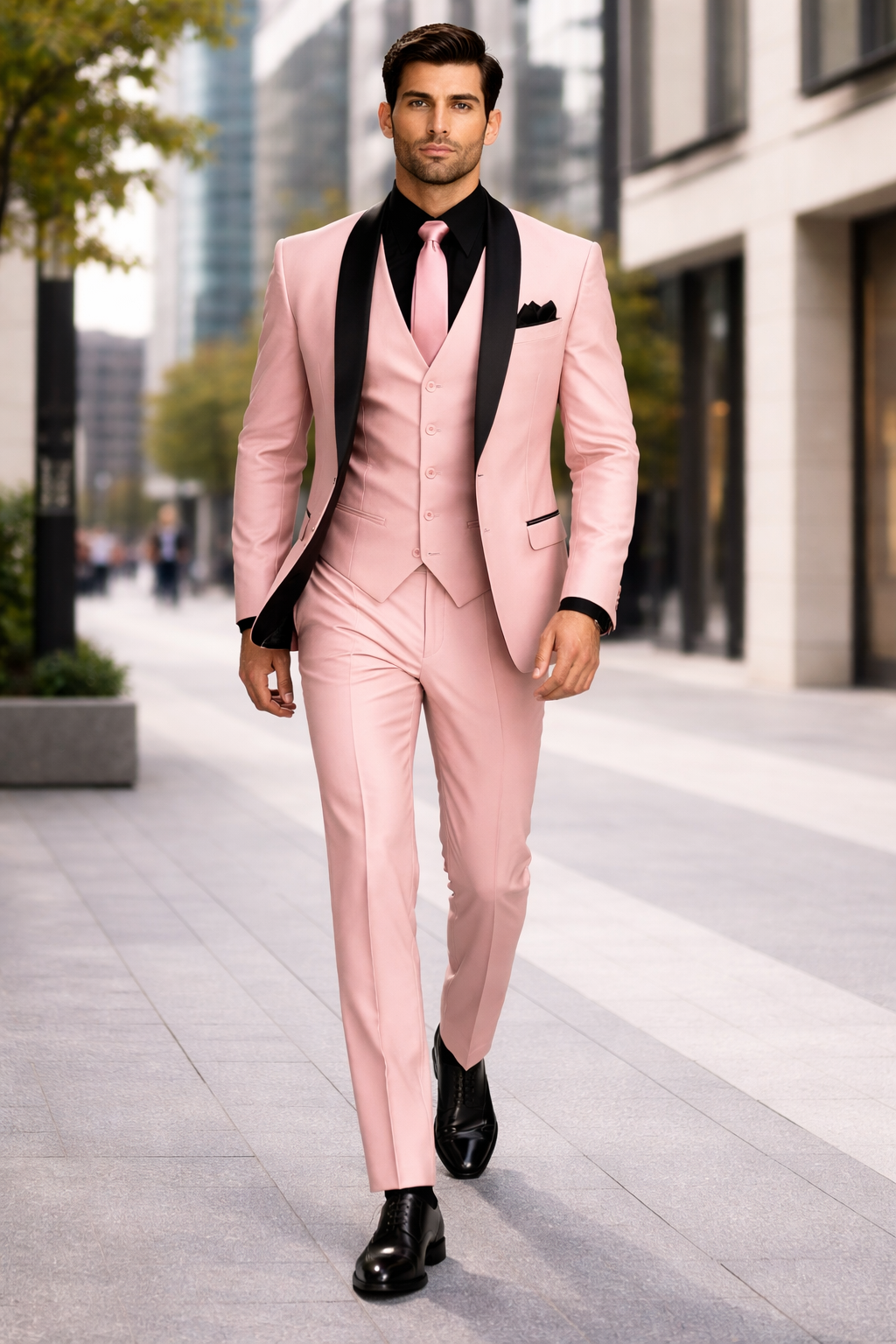 Men's Light Pink 3-Piece Tuxedo Suit with Black Satin Shawl Lapel  Formal Wear - Ultra Slim Fitted in Blush color