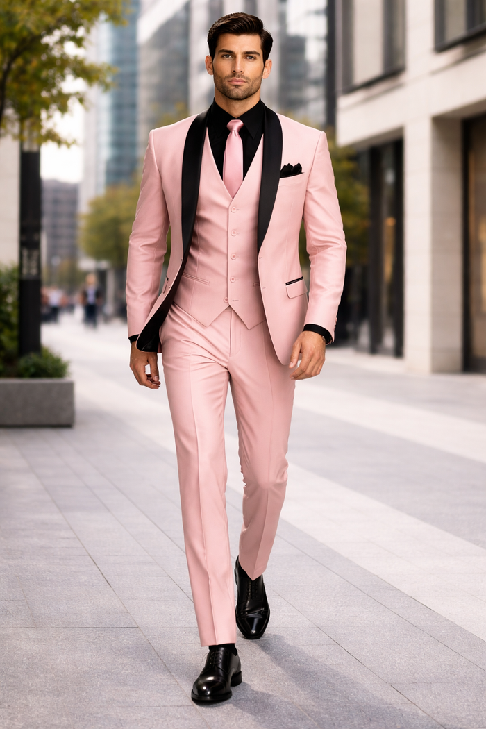 Men's Light Pink 3-Piece Tuxedo Suit with Black Satin Shawl Lapel - Formal Wear - Ultra Slim Fitted in Blush color