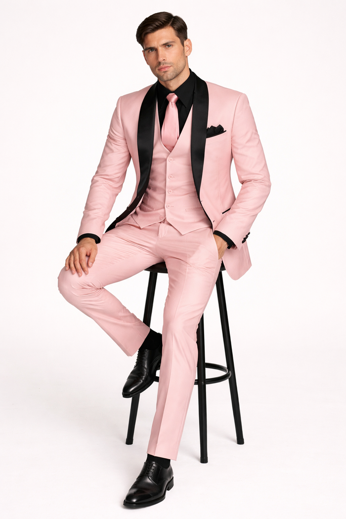 Men's Light Pink 3-Piece Tuxedo Suit with Black Satin Shawl Lapel - Formal Wear - Ultra Slim Fitted in Blush color