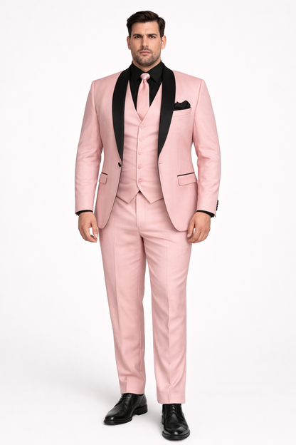 Men's Light Pink 3-Piece Tuxedo Suit with Black Satin Shawl Lapel  Formal Wear - Ultra Slim Fitted in Blush color