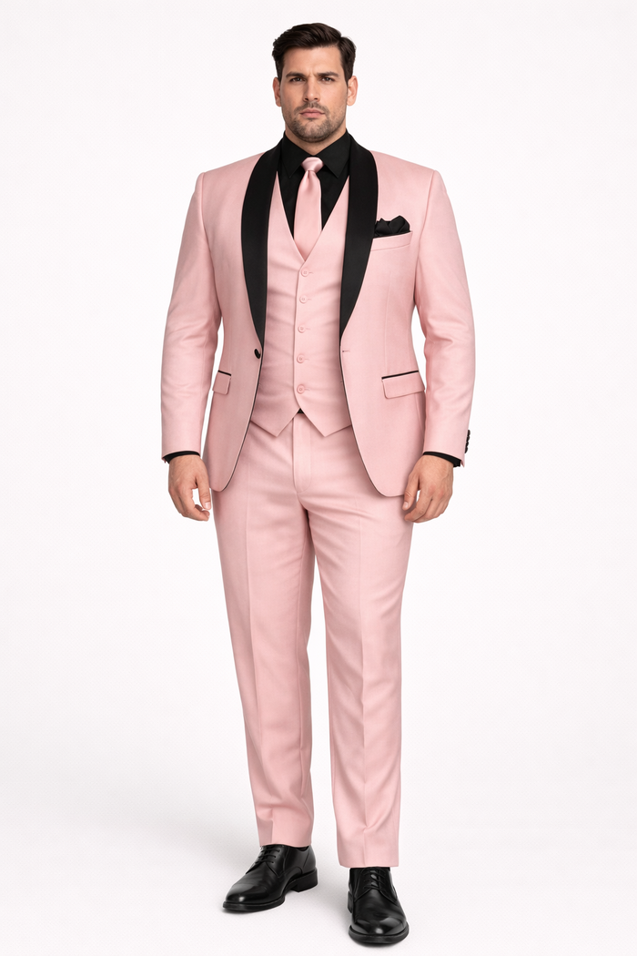 Men's Light Pink 3-Piece Tuxedo Suit with Black Satin Shawl Lapel - Formal Wear - Ultra Slim Fitted in Blush color