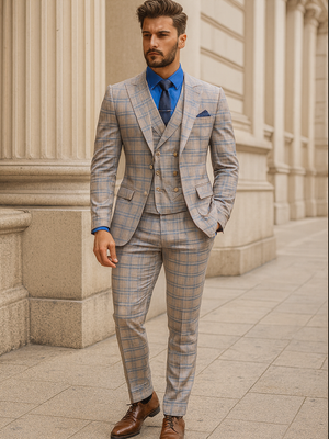 Trendy Plaid Three-Piece Suit  Mens Elegant Formal Attire