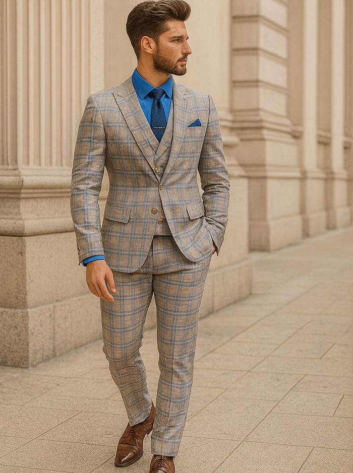 Trendy Plaid Three-Piece Suit  Mens Elegant Formal Attire