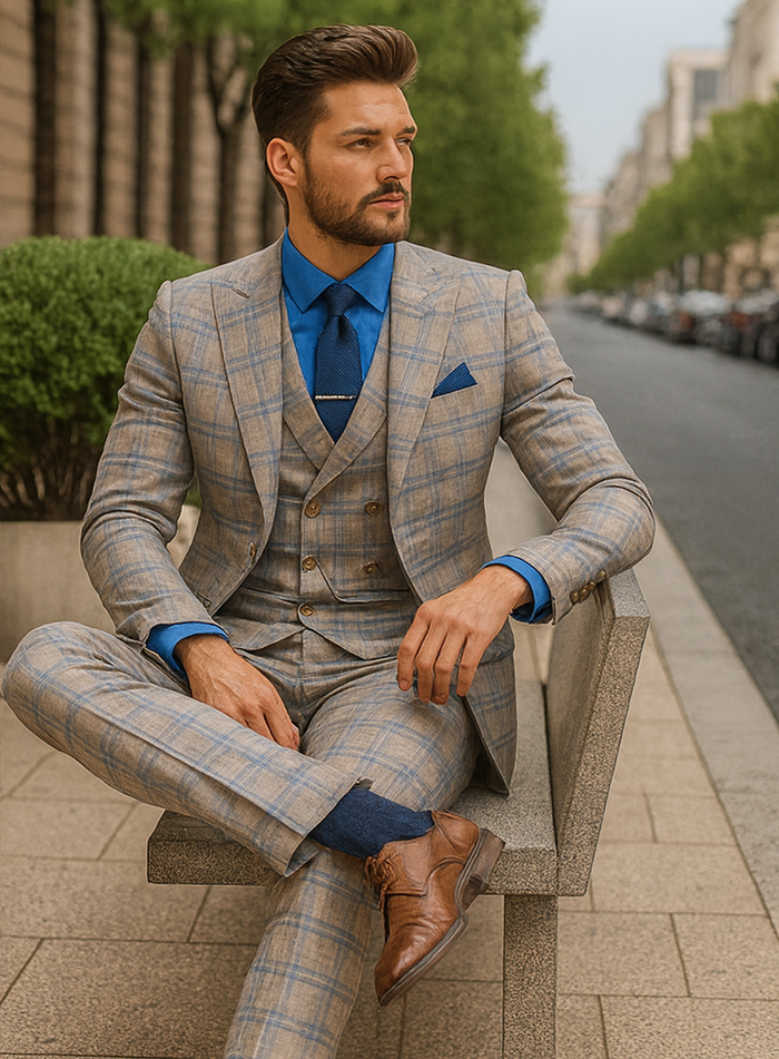 Trendy Plaid Three-Piece Suit  Mens Elegant Formal Attire