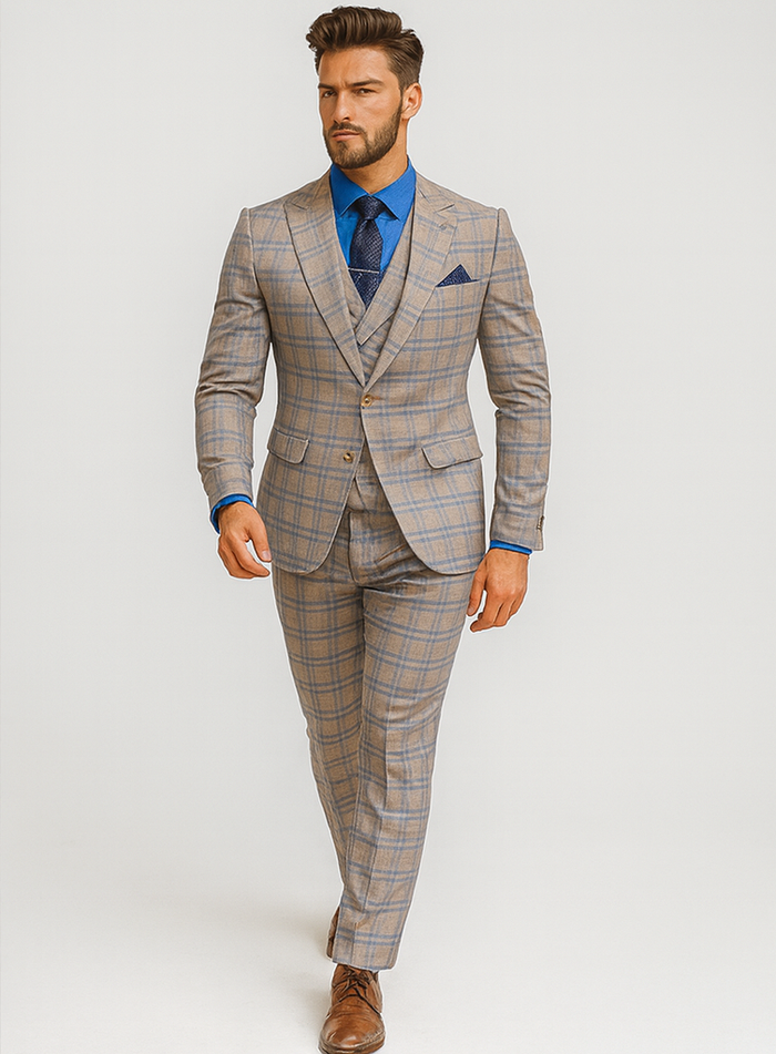 Trendy Plaid Three-Piece Suit  Mens Elegant Formal Attire