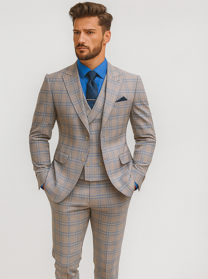 Trendy Plaid Three-Piece Suit  Mens Elegant Formal Attire