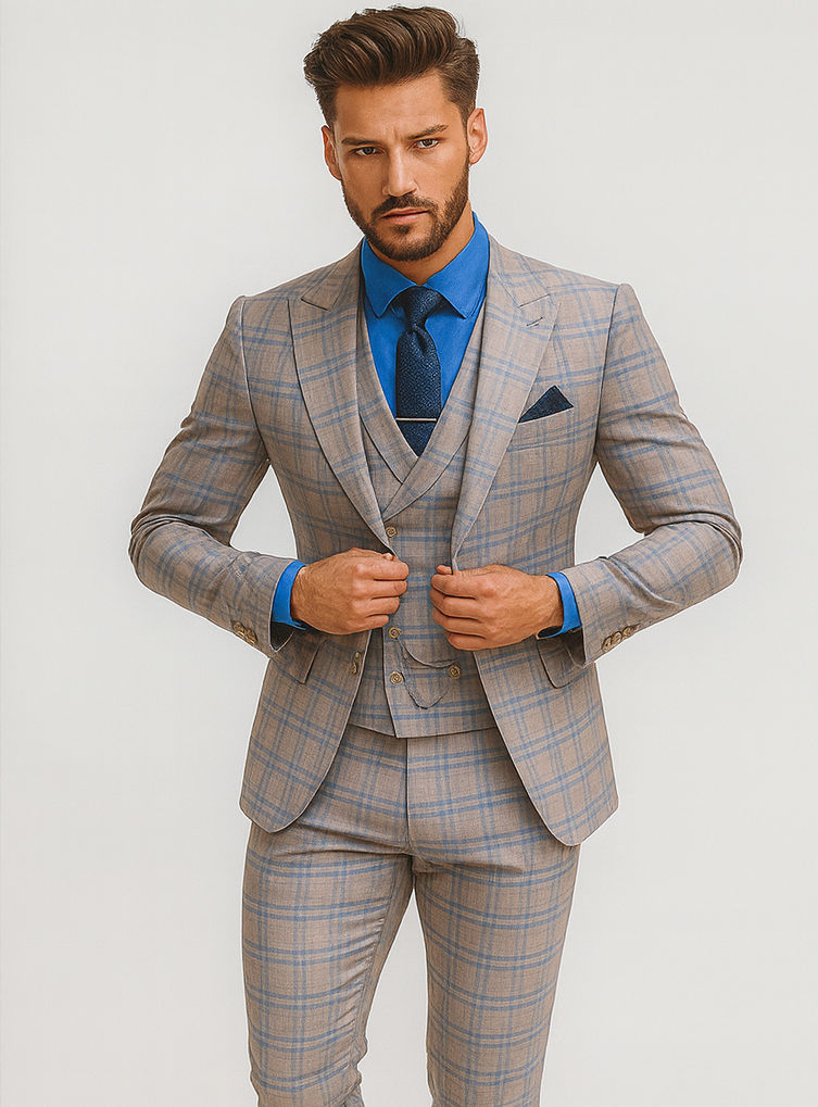Trendy Plaid Three-Piece Suit  Mens Elegant Formal Attire