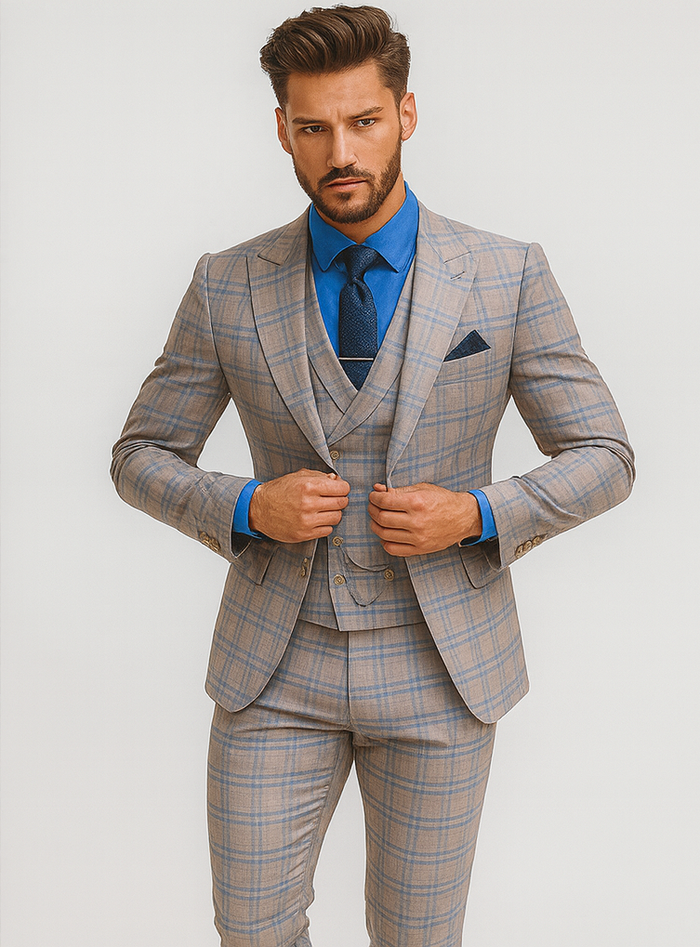 Trendy Plaid Three-Piece Suit  Mens Elegant Formal Attire
