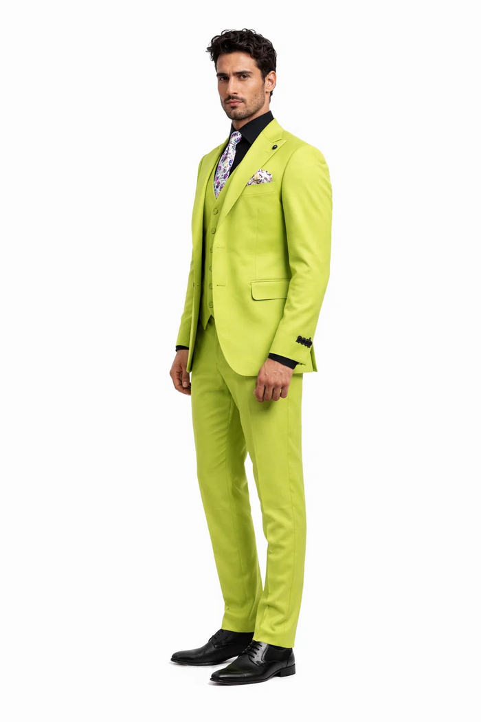 Men's Lime Green Three-Piece Suit with Floral Tie  Slim Fit Tuxedo for Weddings & Parties