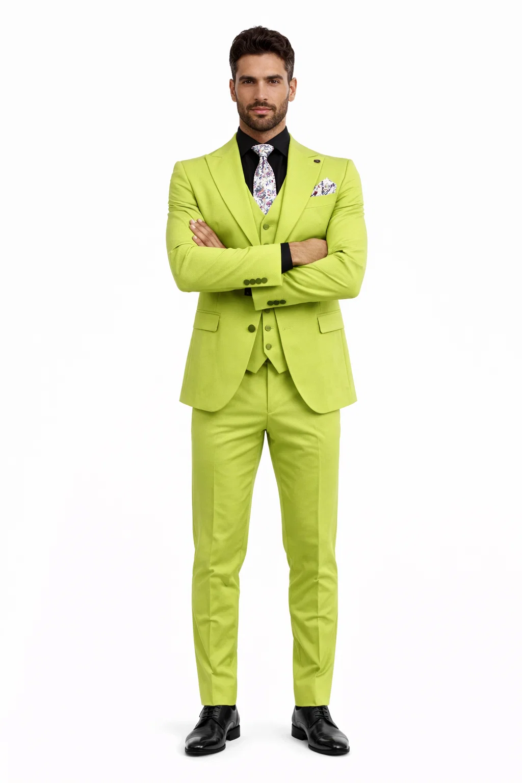 34 Men's Lime Green Three-Piece Suit with Floral Tie Slim Fit Tuxedo for Weddings & Parties 34 Men's Lime Green Three-Piece Suit with Floral Tie Slim Fit Tuxedo for Weddings & Parties