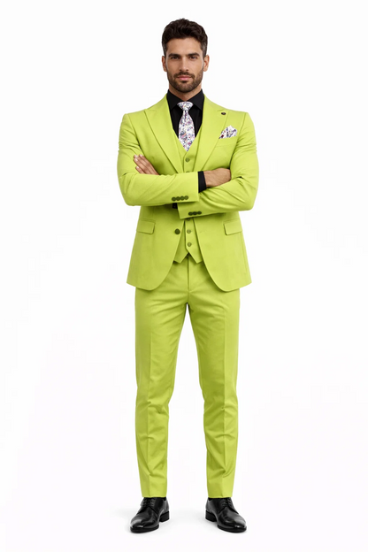 Men's Lime Green Three-Piece Suit with Floral Tie  Slim Fit Tuxedo for Weddings & Parties