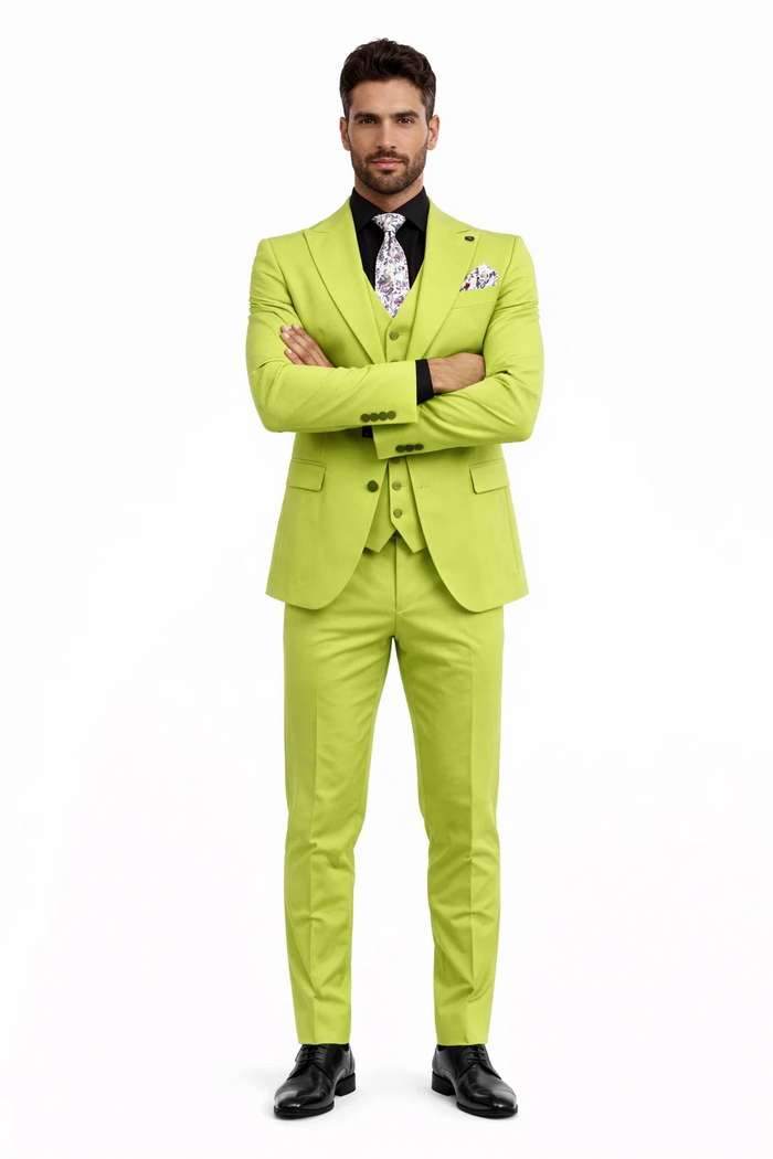 Men's Lime Green Three-Piece Suit with Floral Tie  Slim Fit Tuxedo for Weddings & Parties