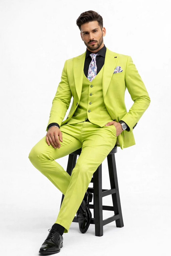 Men's Lime Green Three-Piece Suit with Floral Tie  Slim Fit Tuxedo for Weddings & Parties