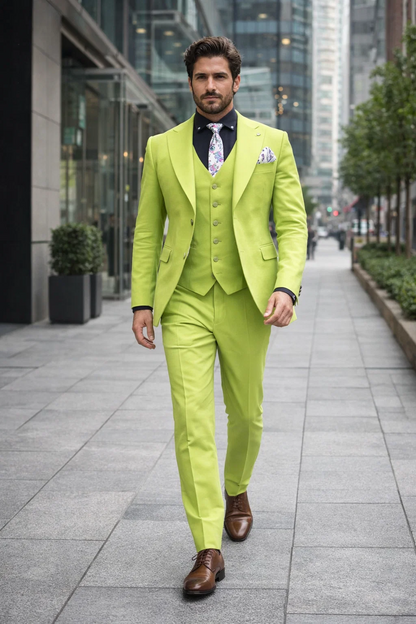 Men's Lime Green Slim Fit Three-Piece Suit with Floral Tie for Weddings & Parties