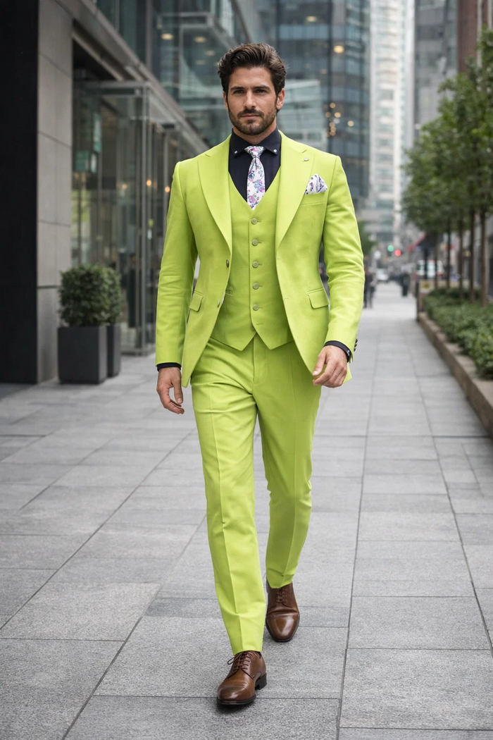 Men's Lime Green Three-Piece Suit with Floral Tie  Slim Fit Tuxedo for Weddings & Parties