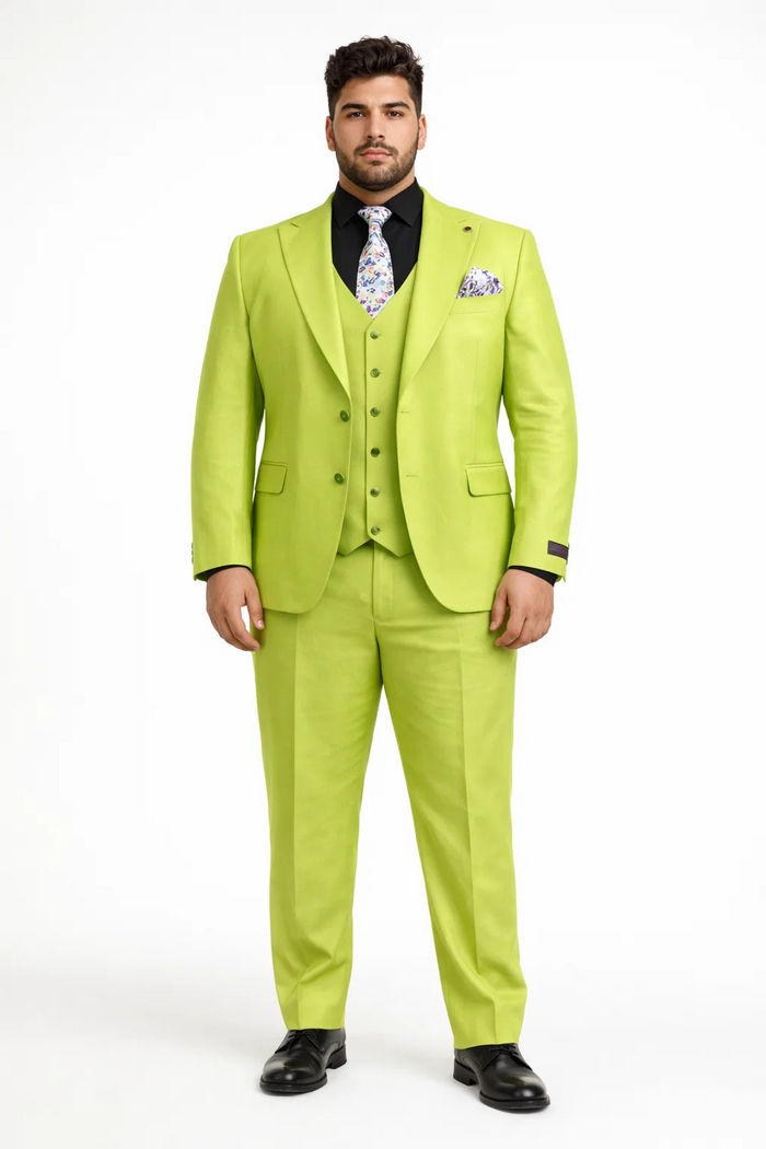 Men's Lime Green Three-Piece Suit with Floral Tie  Slim Fit Tuxedo for Weddings & Parties
