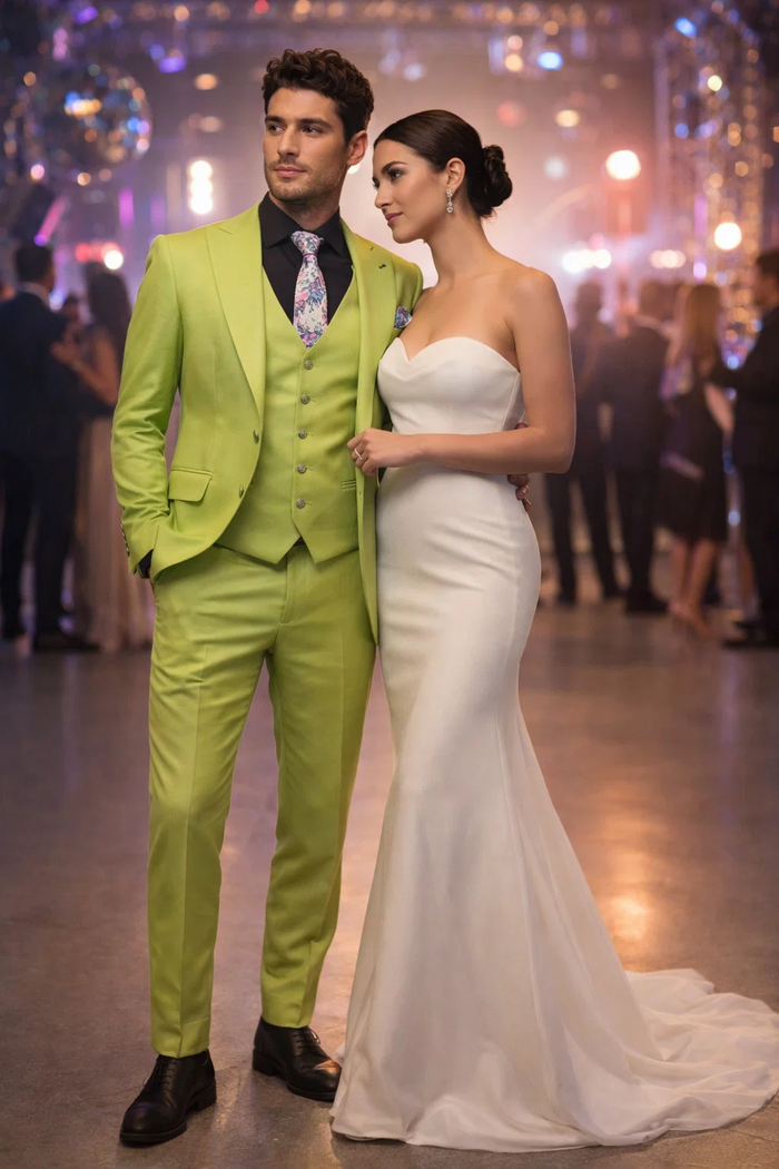 Men's Lime Green Three-Piece Suit with Floral Tie  Slim Fit Tuxedo for Weddings & Parties