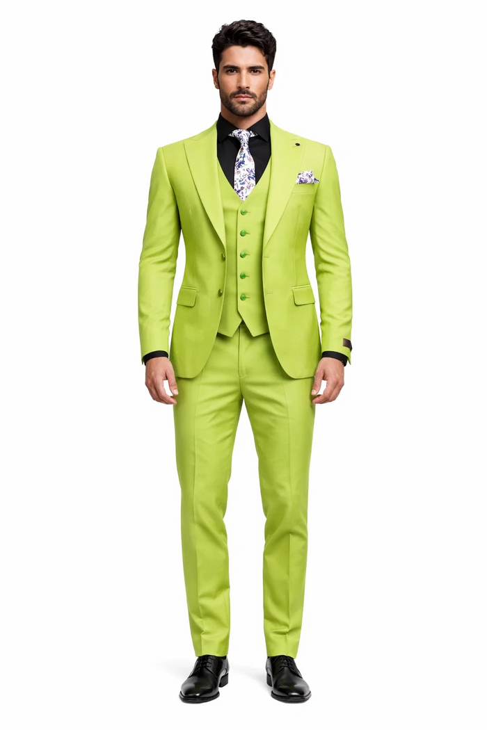 Men's Lime Green Three-Piece Suit with Floral Tie  Slim Fit Tuxedo for Weddings & Parties