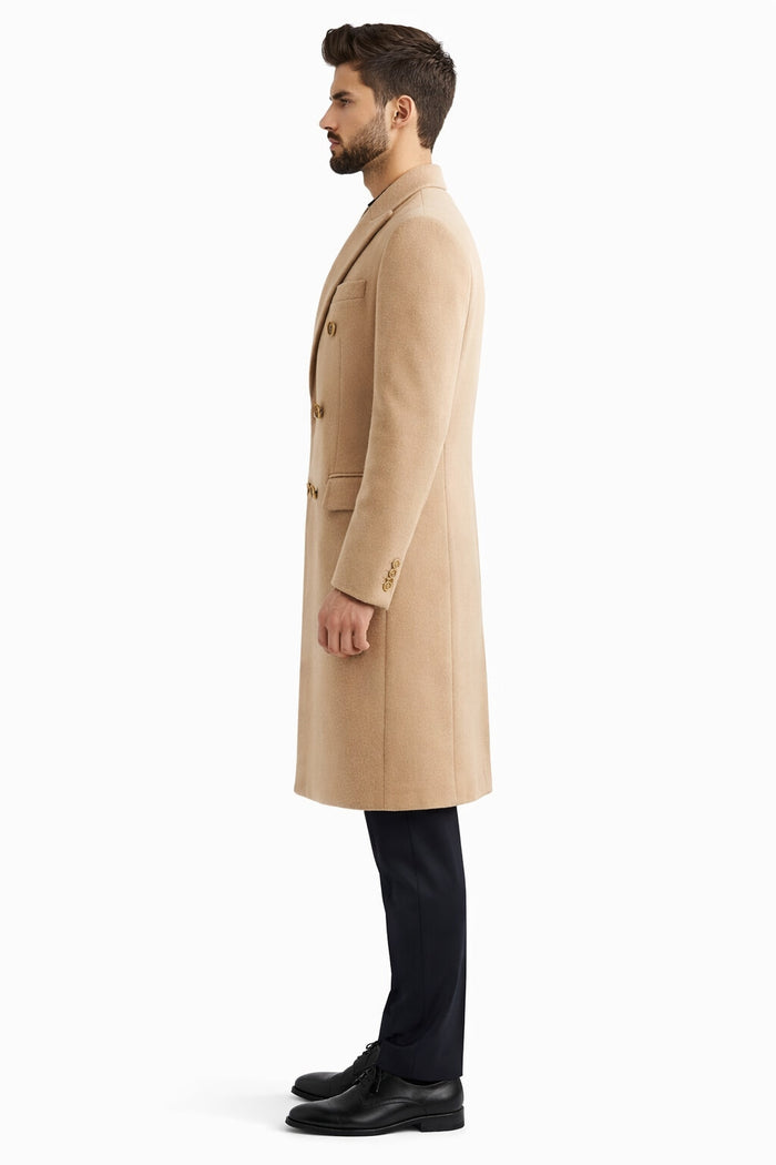 Men's Wool And Cashmere Double Breasted Long Overcoat Beige ~ Camel Three Quarter Winter Men's Topcoat Sale