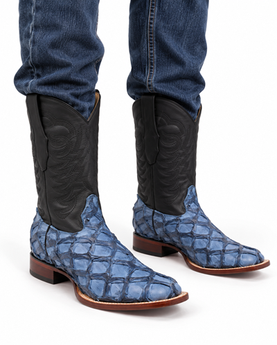 Men's Los Altos Genuine Monster Fish Leather Square Toe Boots - Blue