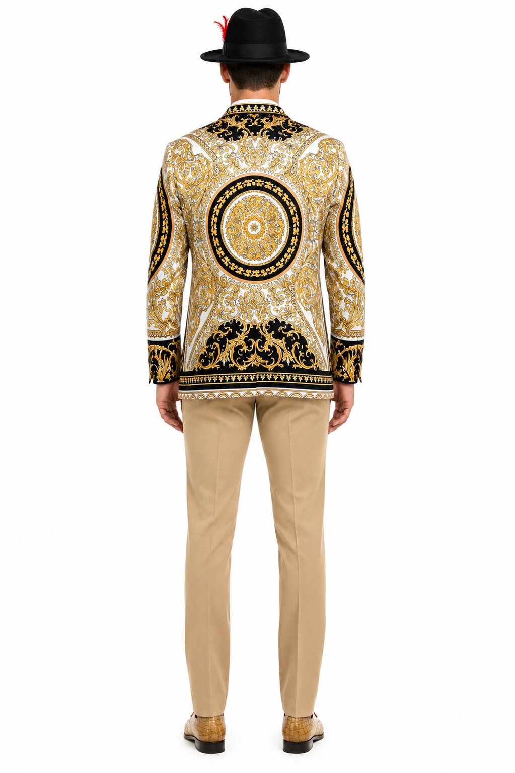 Men's Black and Gold Baroque Blazer with Matching Pants, Hat, and Shoes - Luxury Party and Wedding Outfit Set