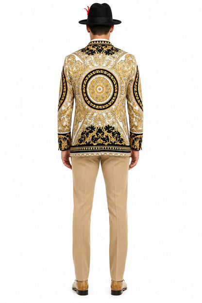 Men's Black and Gold Baroque Blazer with Matching Pants, Hat, and Shoes - Luxury Party and Wedding Outfit Set