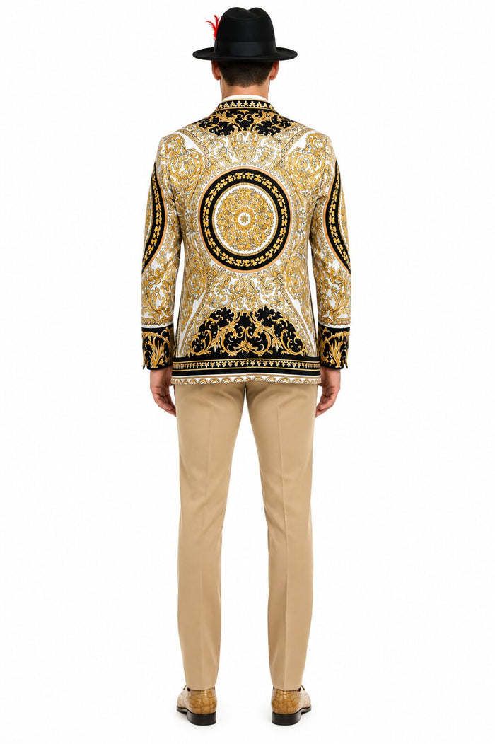 Men's Black and Gold Baroque Blazer with Matching Pants, Hat, and Shoes - Luxury Party and Wedding Outfit Set
