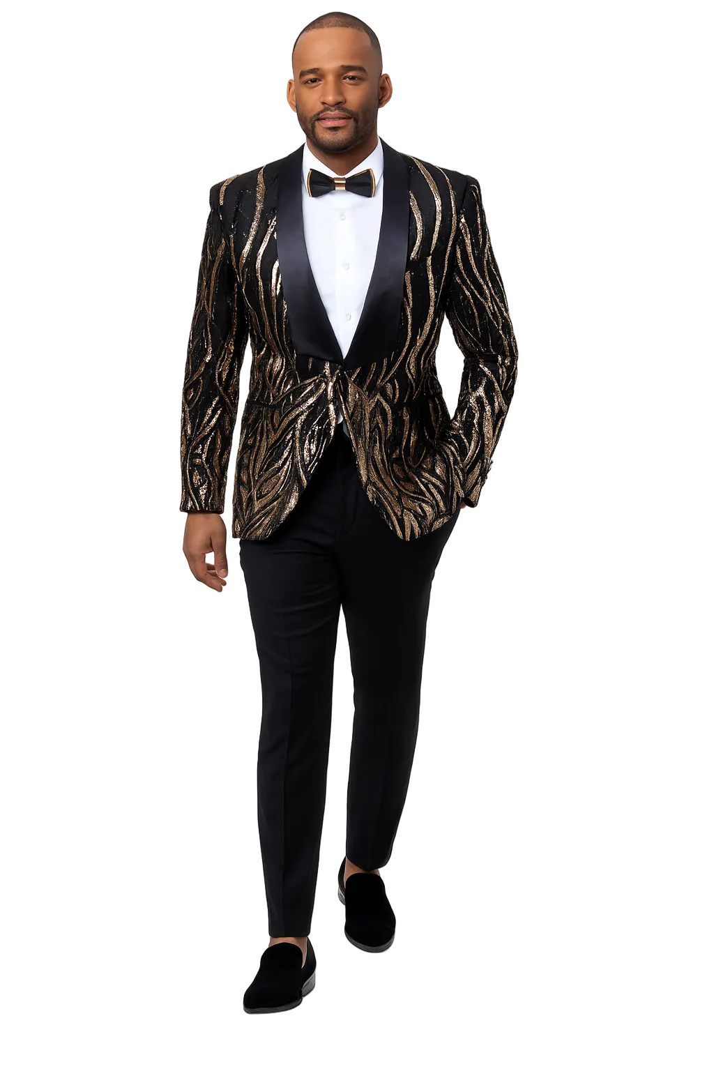 Black Tuxedo - Shawl Lapel Black and Gold Sequin Prom Tuxedo Mens Wedding Suit - Black Prom Suit