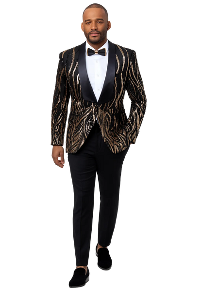 Black Tuxedo - Shawl Lapel Black and Gold Sequin Prom Tuxedo Mens Wedding Suit - Black Prom Suit