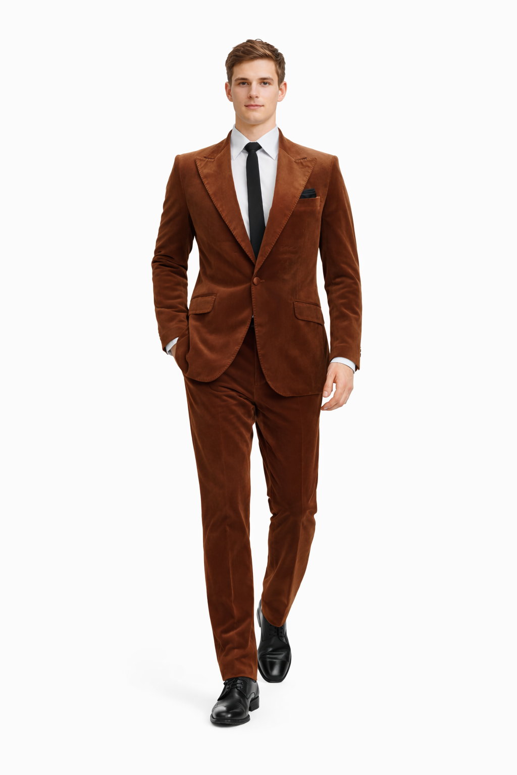 Mens Brown Velvet 2-Piece Suit  Luxury Slim Fit Formal Blazer and Pants Set in Rust Copper Color
