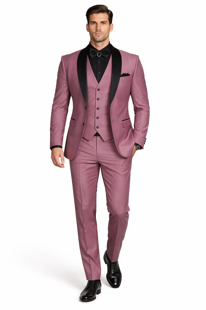 Men's Mauve Pink Tuxedo Suit  3-Piece Slim Fit with Black Satin Shawl Lapel
