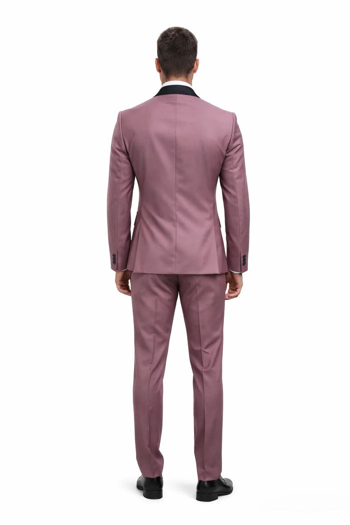 Men's Mauve Pink Tuxedo Suit  3-Piece Slim Fit with Black Satin Shawl Lapel
