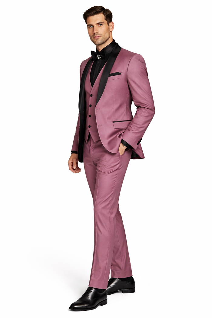 Men's Mauve Pink Tuxedo Suit  3-Piece Slim Fit with Black Satin Shawl Lapel