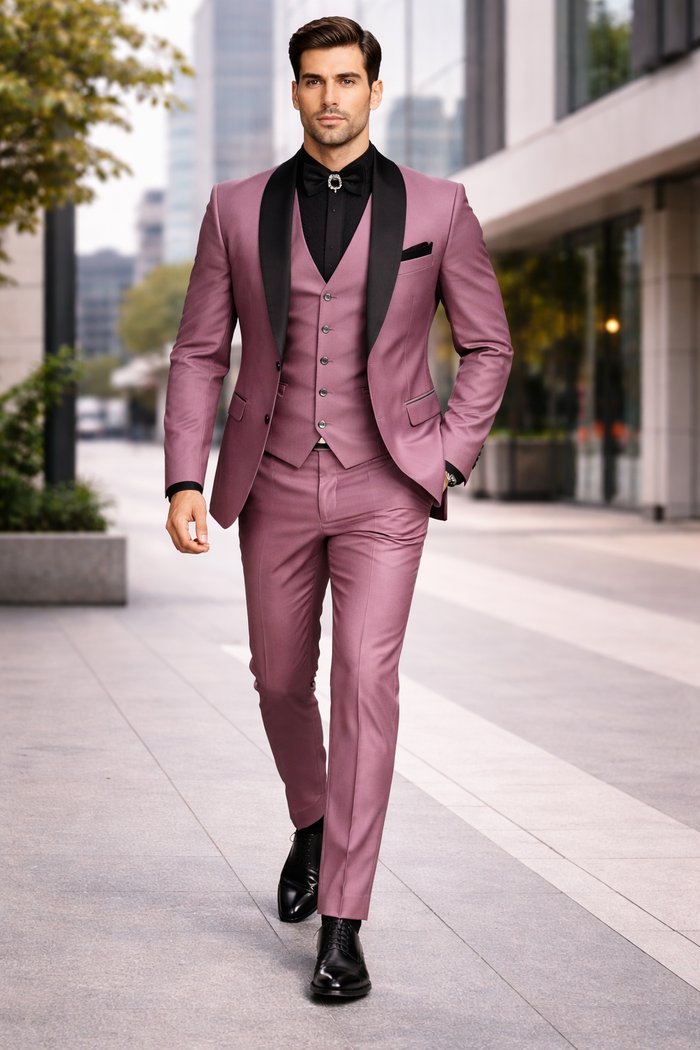 Men's Mauve Pink Tuxedo Suit  3-Piece Slim Fit with Black Satin Shawl Lapel
