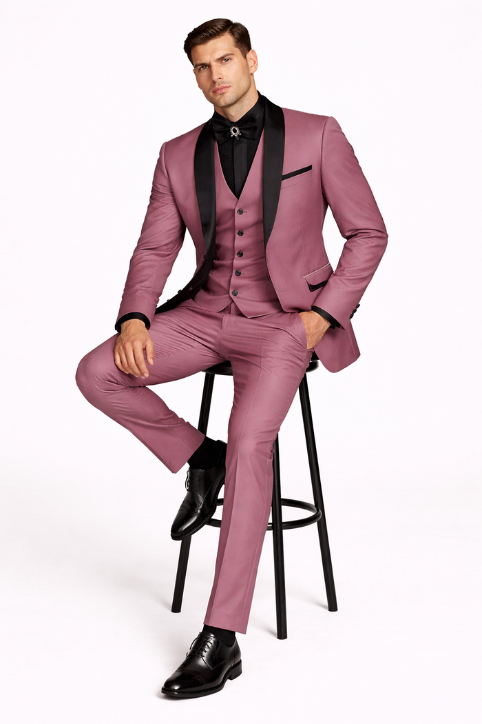 Men's Mauve Pink Tuxedo Suit  3-Piece Slim Fit with Black Satin Shawl Lapel
